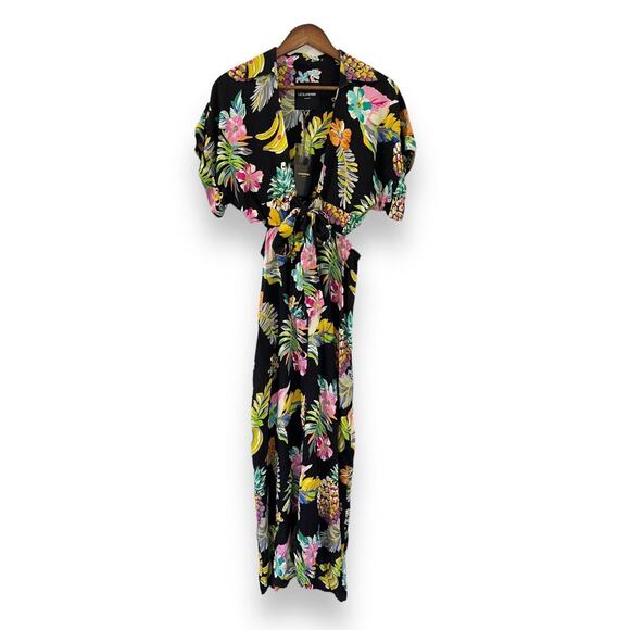 Le Superbe Revolve Mai Tai Might Black Tropi Cali Midi Dress Size 6 Fruit Floral - Picture 4 of 16